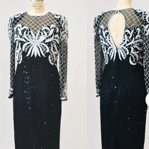 Vintage Formal Dress Laurence Kazer Black/White Beaded